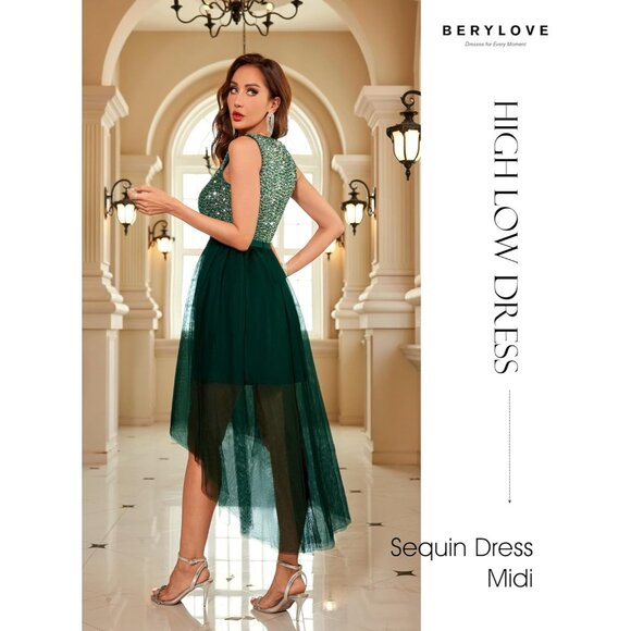 BeryLove Women Tulle Sequin Navy Chiffon Scoop Neck Sleeveless Cocktail Dresses - Picture 4 of 7